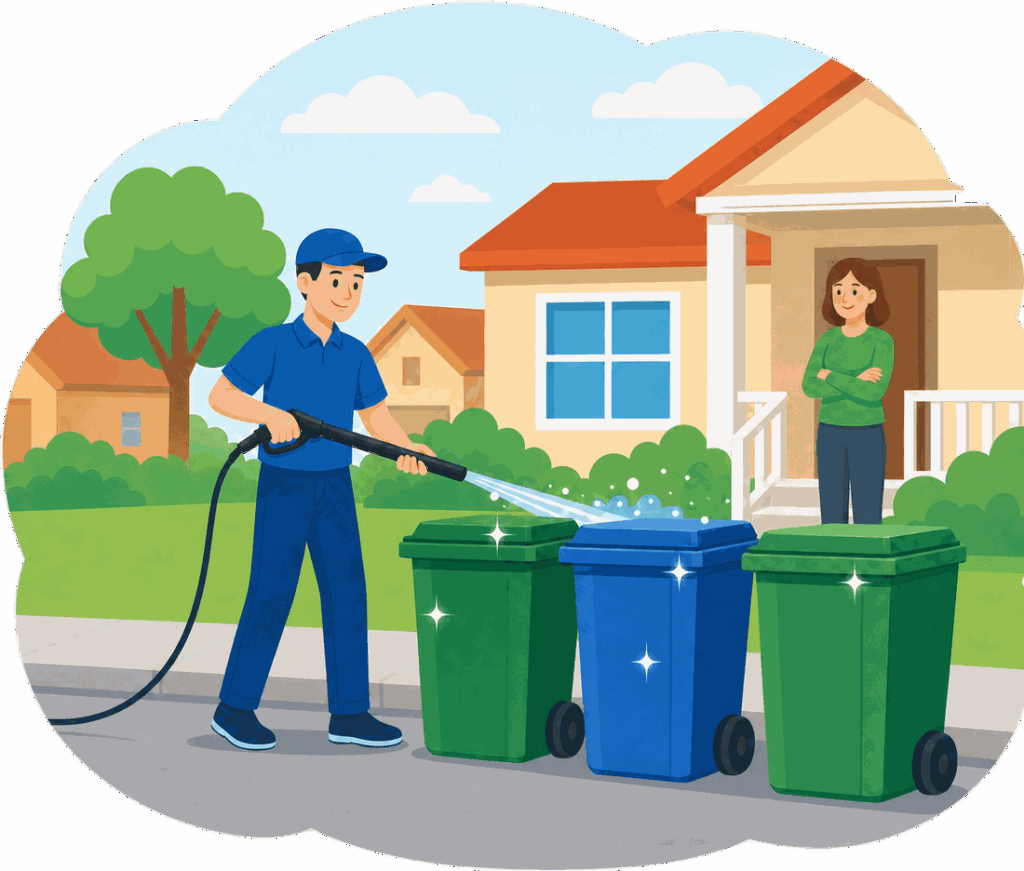 Tu-Can technician pressure washing curbside trash cans while a homeowner watches